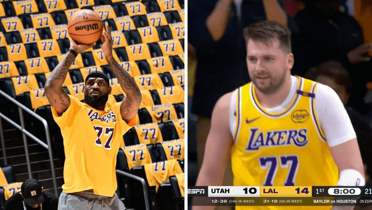 LeBron James calienta con el 77 y Luka Doncic marca su primera canasta con los Lakers.