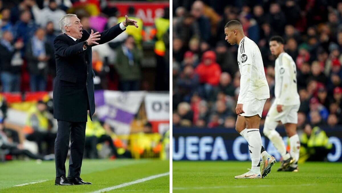 Carlo Ancelotti abronca a los jugadores del Real Madrid ante un Kylian Mbappé abatido