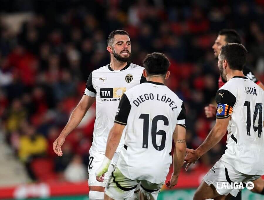 Luis Rioja celebra su gol al RCD Mallorca.