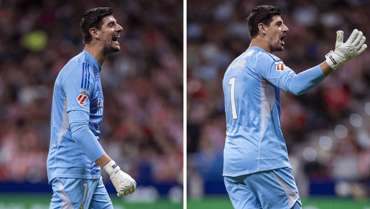  Thibaut Courtois se encara con la grada del Atlético en el derbi (Fotos: Cordon Press).