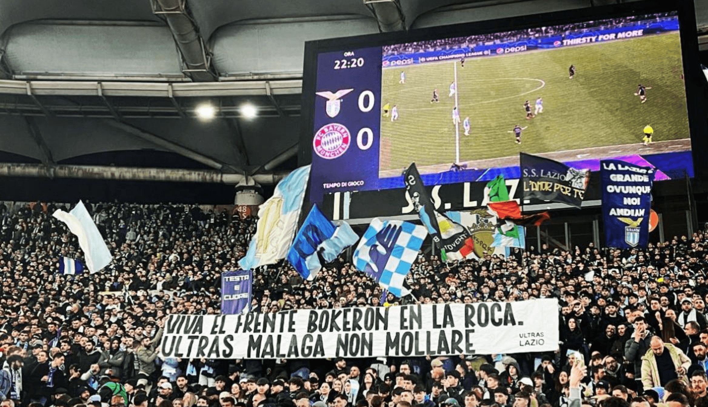  Ultras Lazio apoyan al Frente Bokerón en la ida de octavos de Champions en Roma. (foto: X)