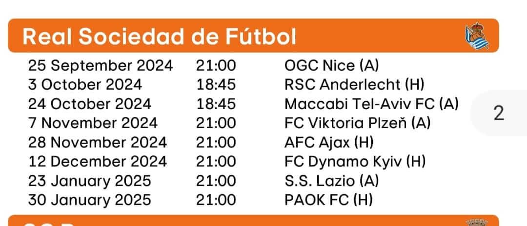  Horarios de la Real Sociedad en la primera fase de la UEFA Europa League.
