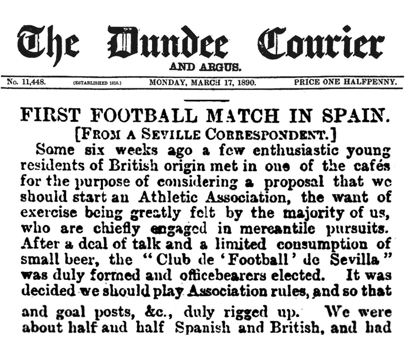  Fragmento de The Dundee Courier, primer documento de la historia del Sevilla FC.