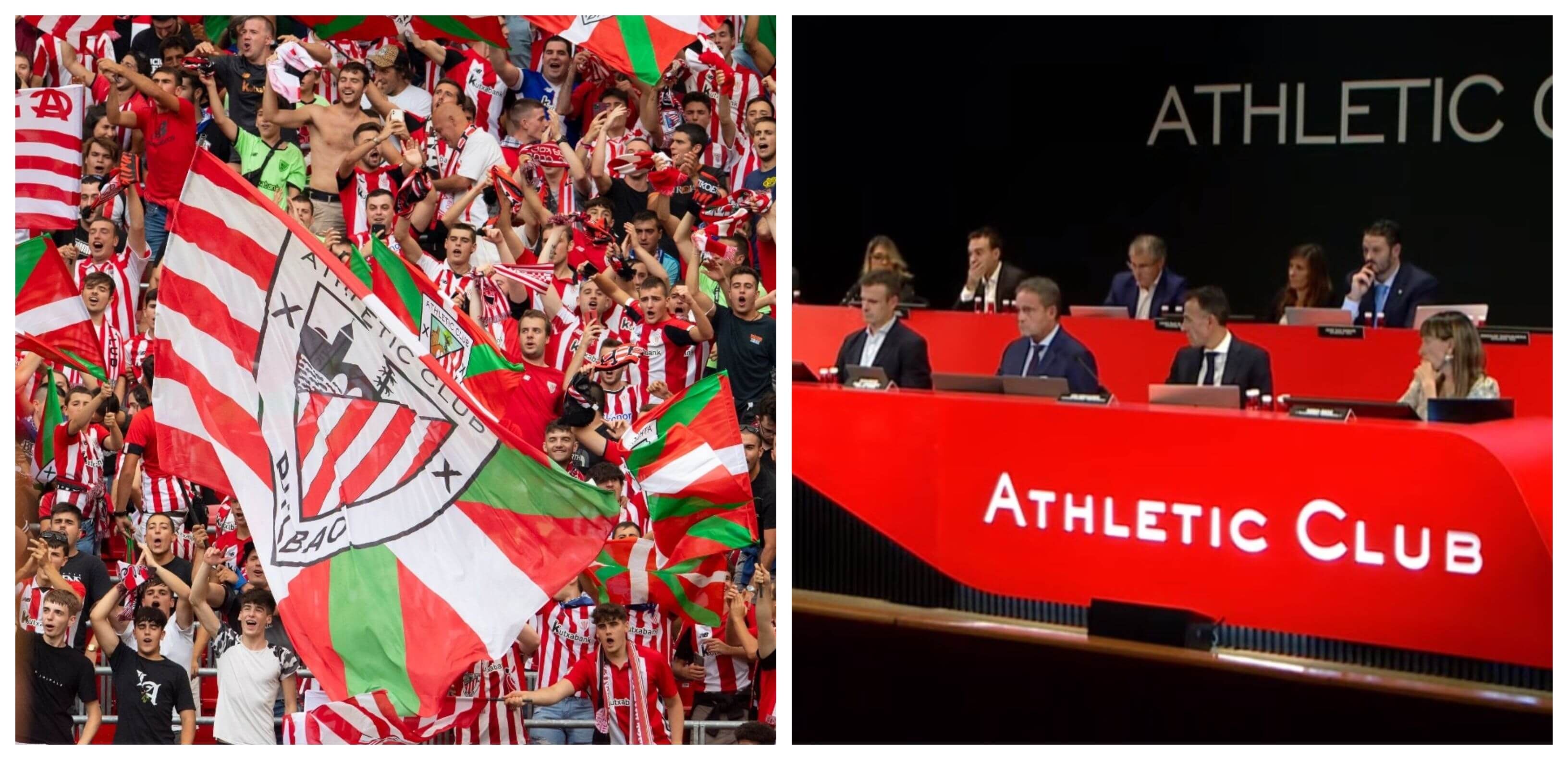  Imagen de la Grada de Animación de San Mamés y de la Junta Directiva del Athletic Club en una asamblea de Socios en Bilbao.