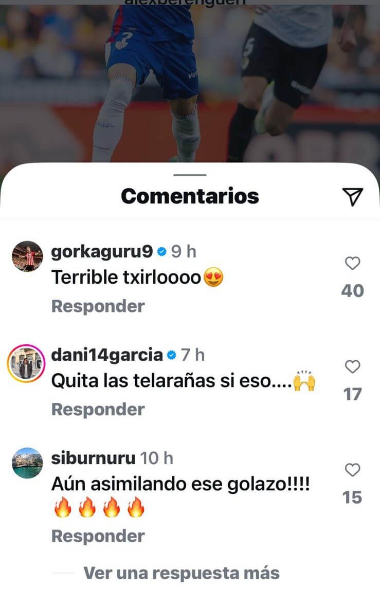  Comentarios en Instagram por el golazo de Alex Berenguer en el Valencia-Athletic Club.