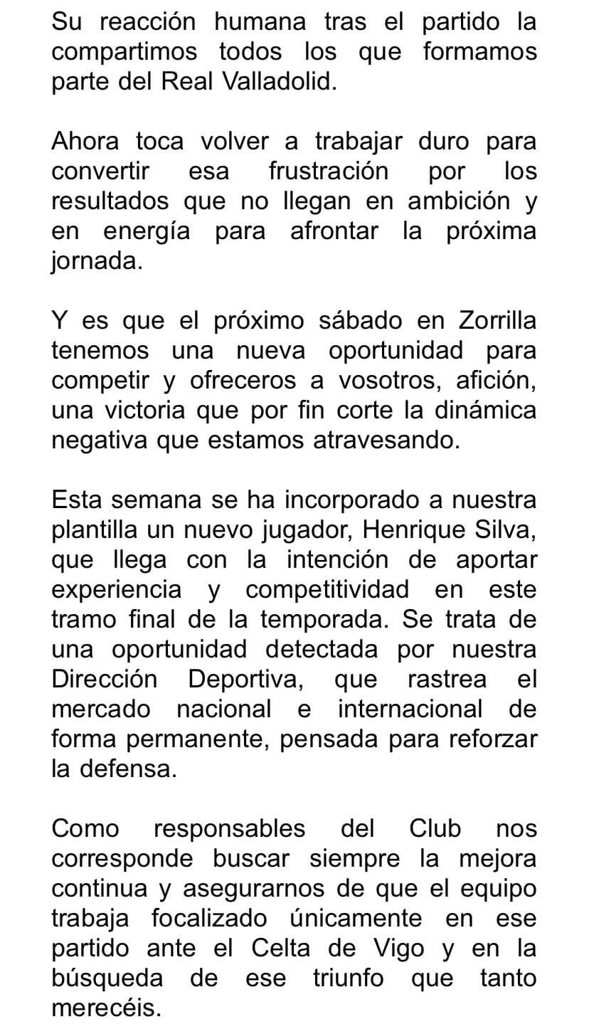  Carta del Real Valladolid a su afición.