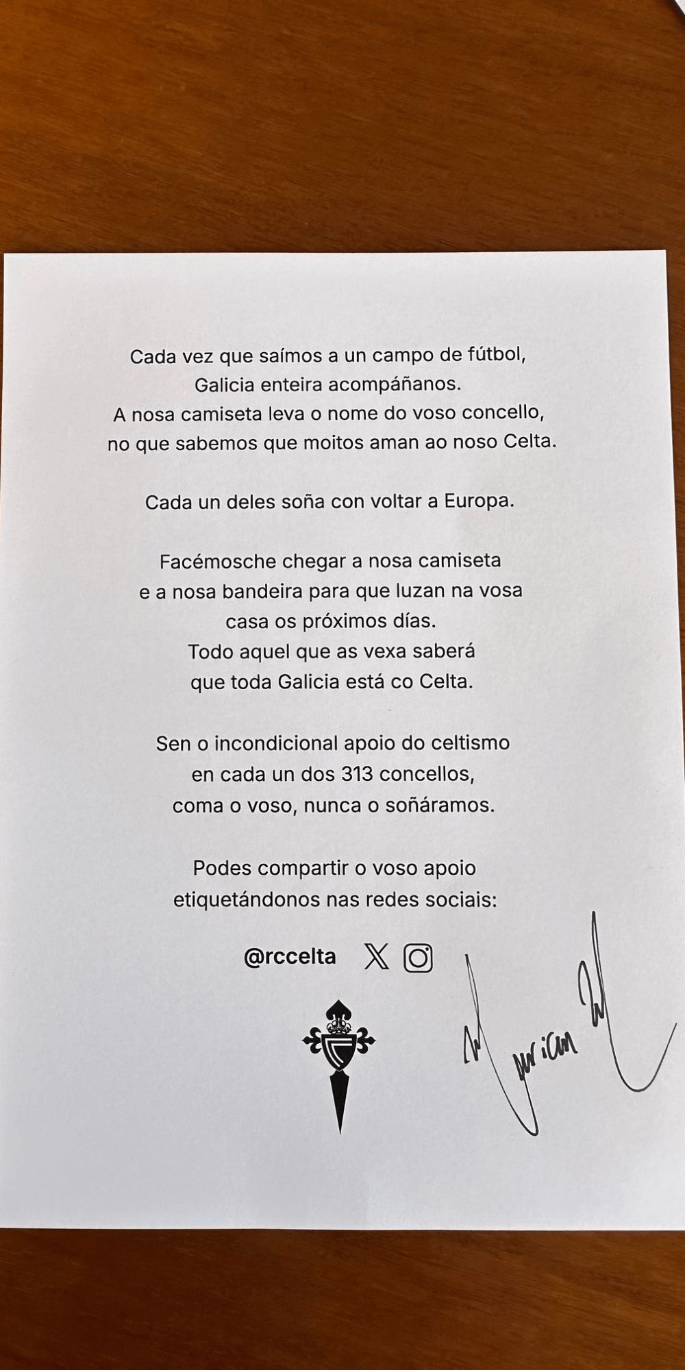 Carta enviada por el Celta.