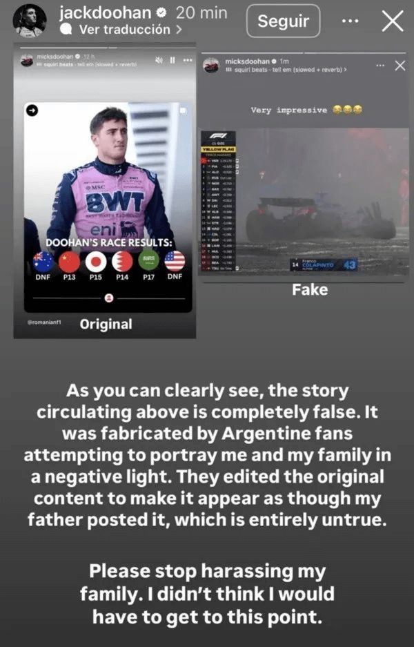 La historia de Doohan que defiende a su padre (Instagram)