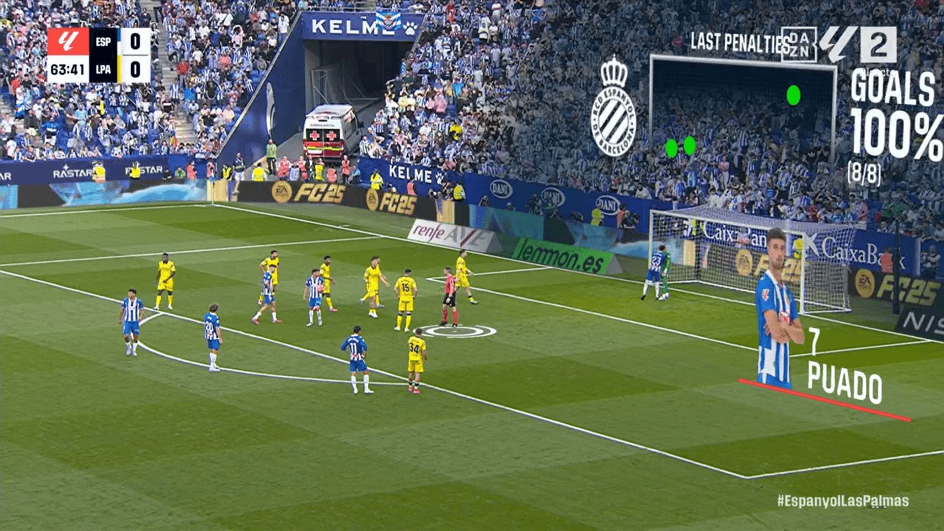 El Hilali se acerca a hablar con Dinko Horkas antes del penalti en el Espanyol-Las Palmas.