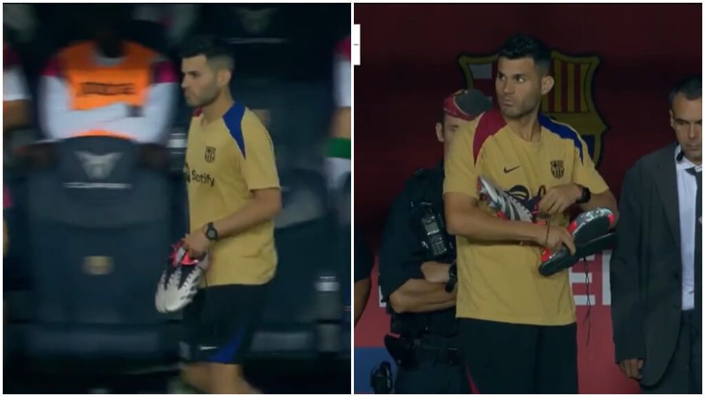  Utillero del Barça con unas botas(Captura de la retransmisión de Movistar +)