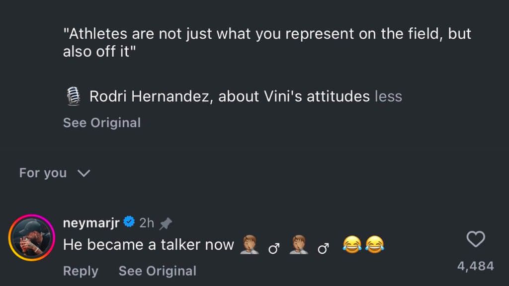 Neymar responde a Rodri en Instagram