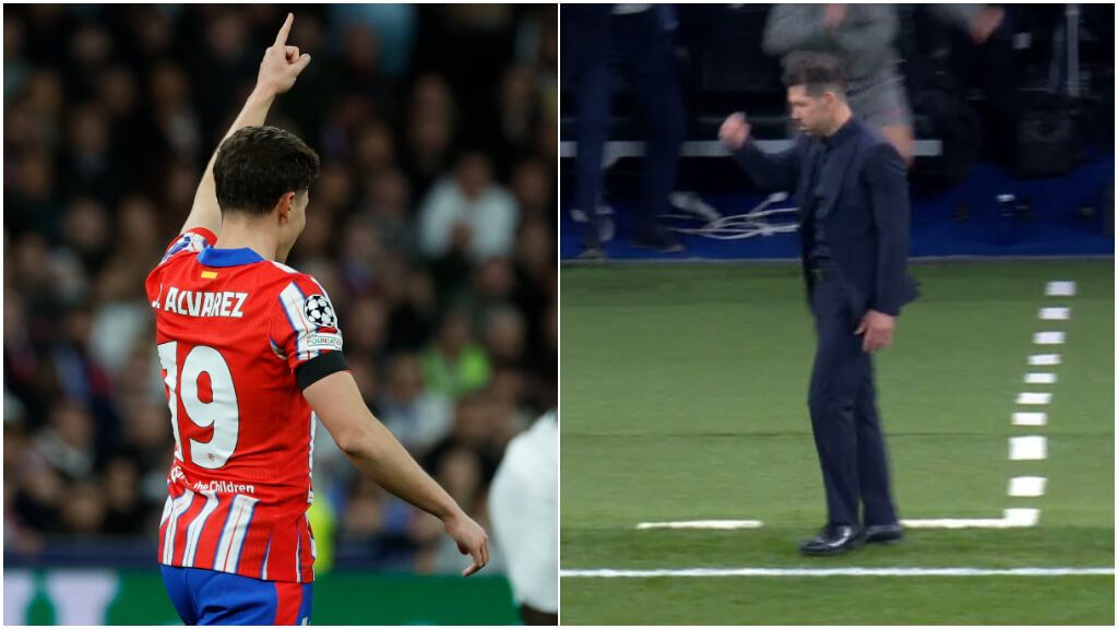 Julián Álvarez y Simeone celebran el 1-1 en el Bernabéu