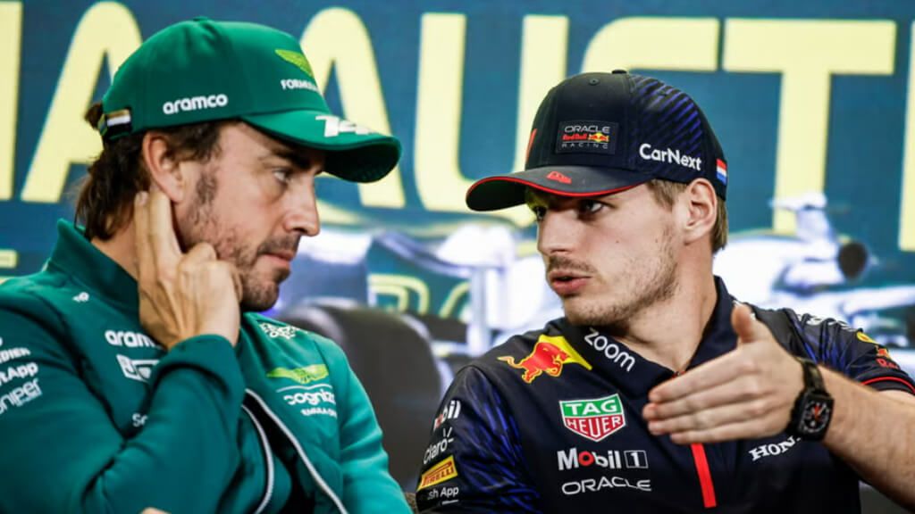 Fernando Alonso y Mx Verstappen, en rueda de prensa.