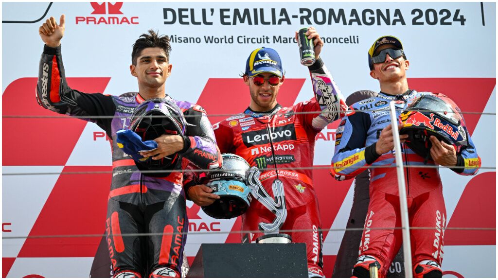 Podio en el Gran Premio de Emilia Romagna: Jorge Martín, Enea Bastianini y Marc Márquez
