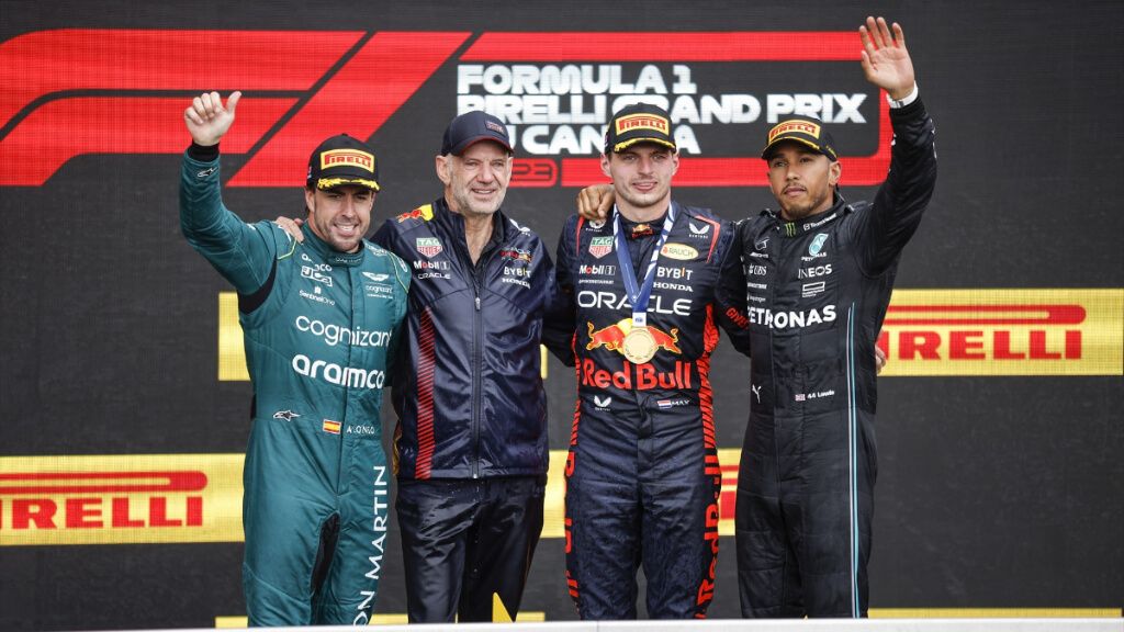  Fernando Alonso, Adrian Newey, Max Verstappen y Lewis Hamilton, en el GP de Canadá 2023 (Europa Pr