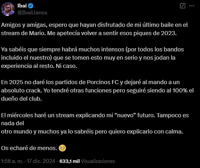 Ibai Llanos explica su salida definitiva de Porcinos FC para las retransmisiones de la Kings League