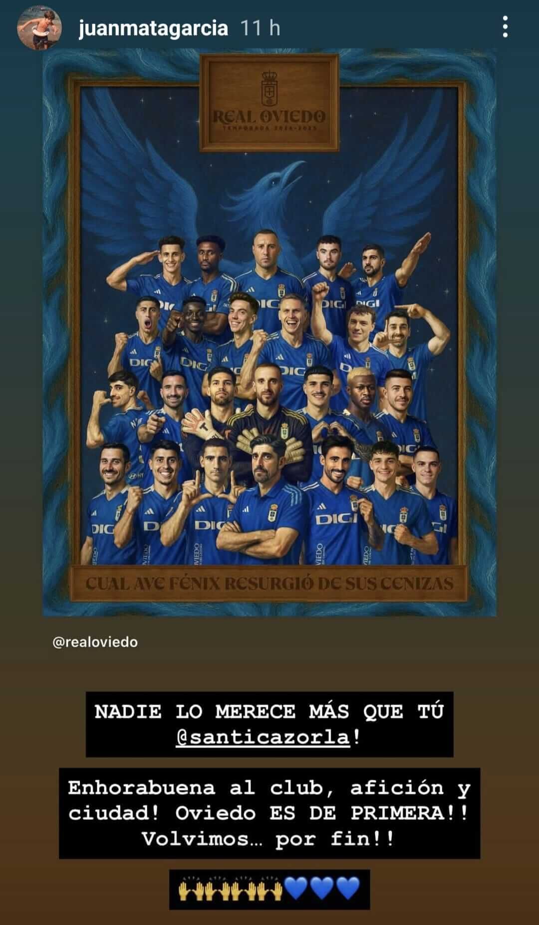 La storie de Juan Mata celebrando el ascenso del Real Oviedo.