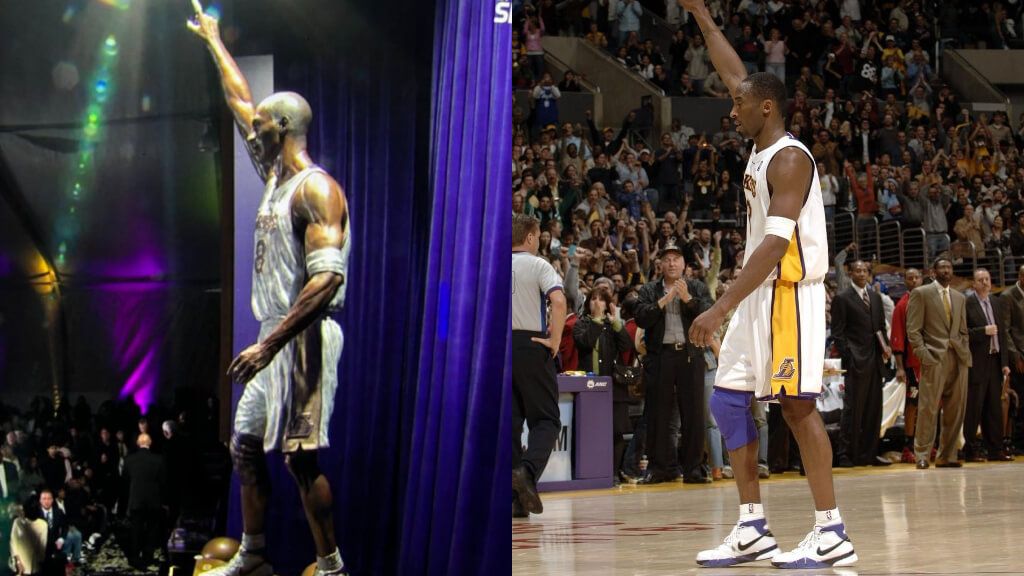  Kobe Bryant en un partido con los Toronto Raptors y su escultura (Fuente: RRSS)