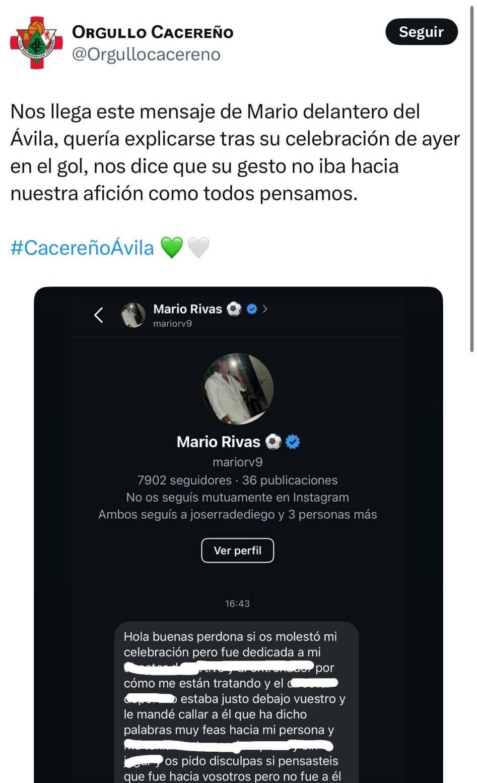  El mensaje de Mario Rivas a @orgullocacereno (Fuente:'X')