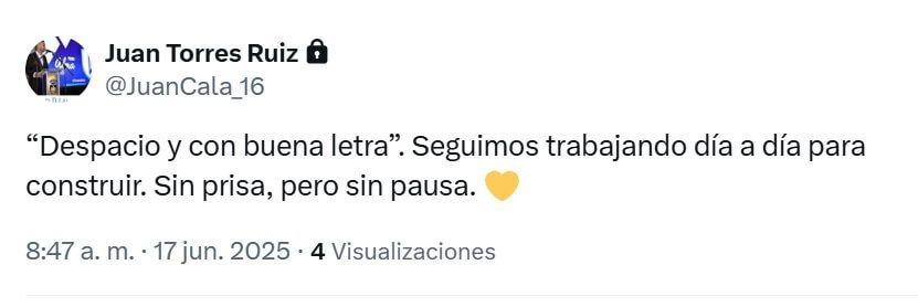  Mensaje de Juan Cala en redes sociales.