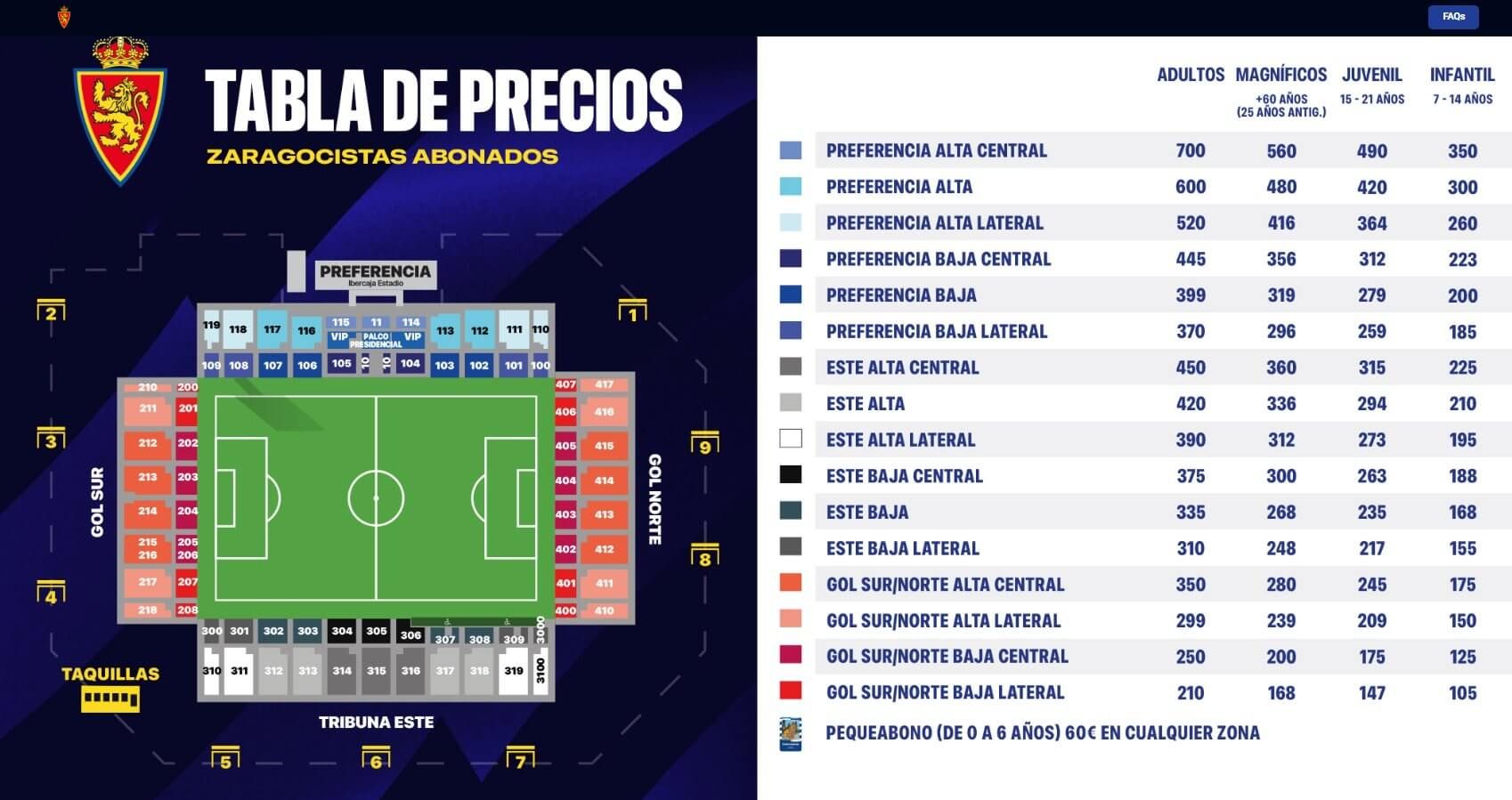  Precios de los abonos del Real Zaragoza para la temporada 2025/2026.