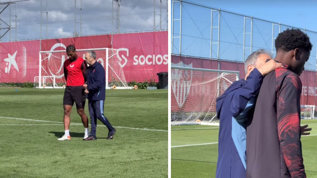  Joaquín Caparrós, charlando con Loic Badé y Lucién Agoumé.