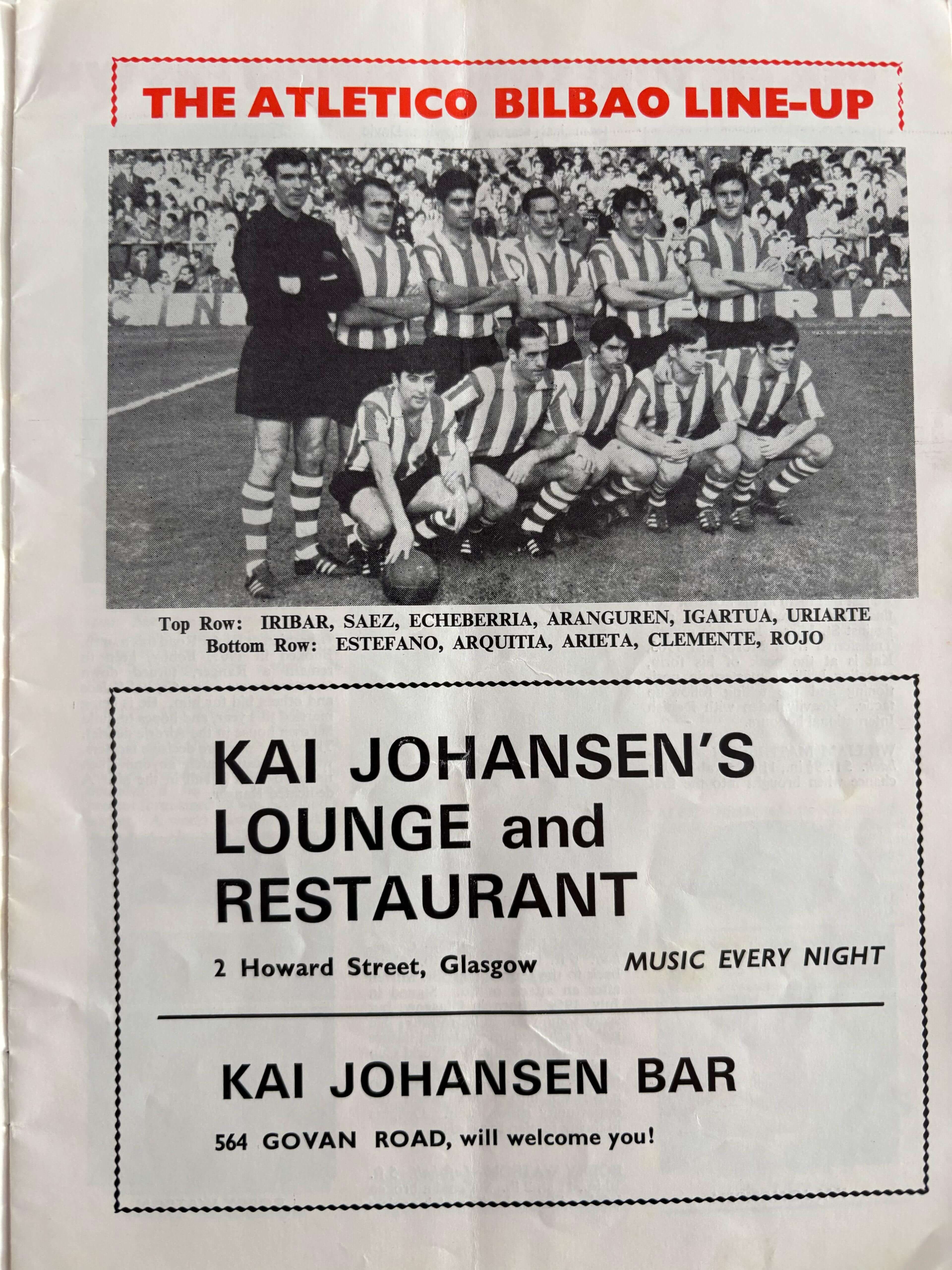  Este era el once del Athletic Club, con el 'Chopo' Iribar, que visitó la última vez Ibrox, en Glasgow.