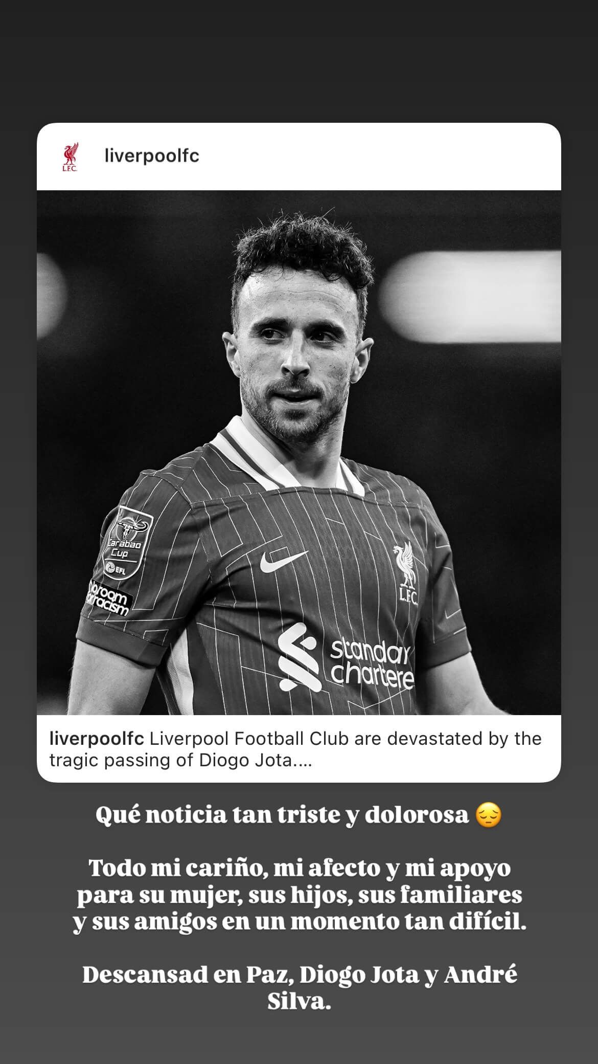  El mensaje de Rafa Nadal por la muerte de Diogo Jota (Fuente: Instagram)