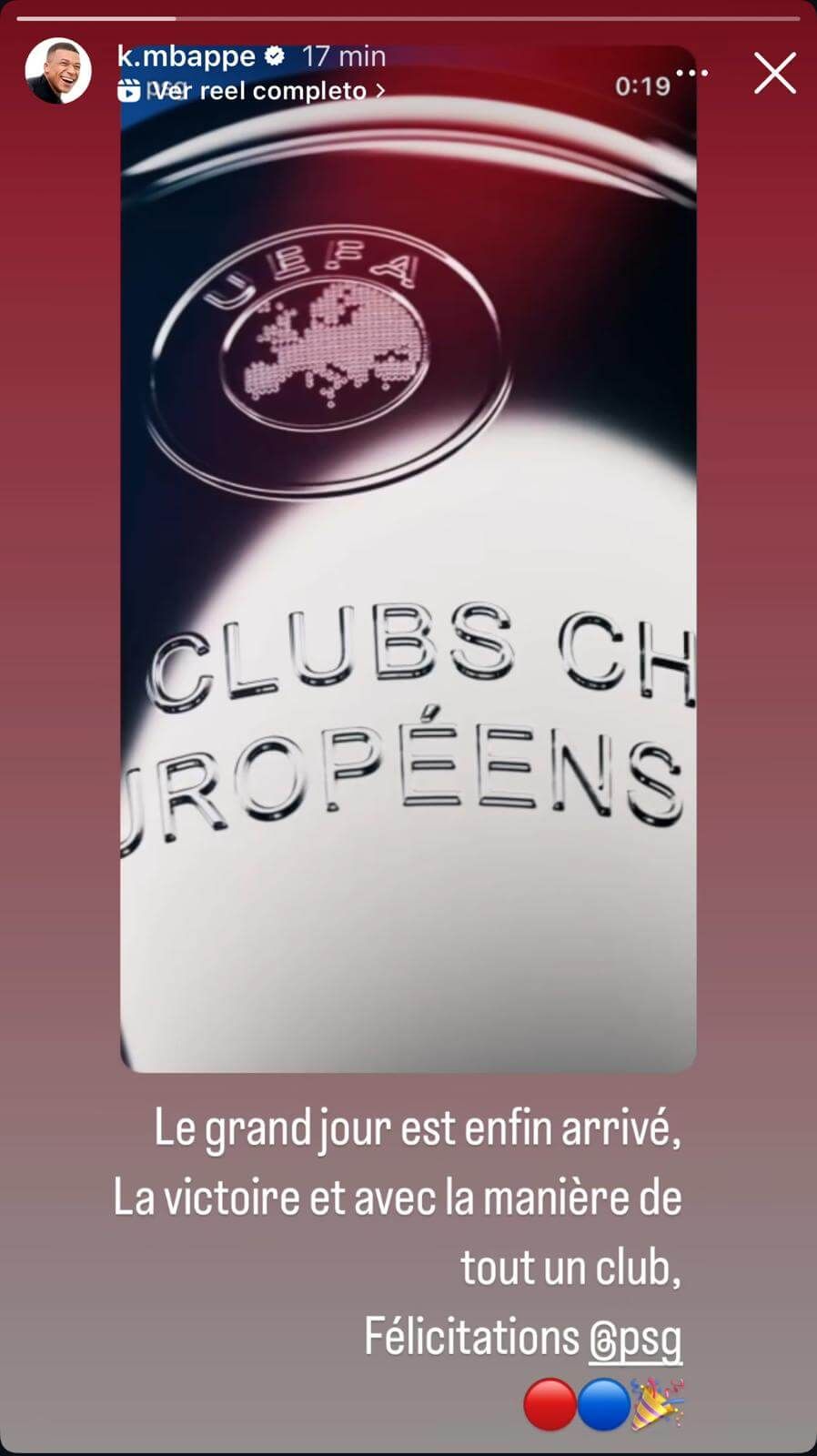 Felicitación de Mbappé al PSG.