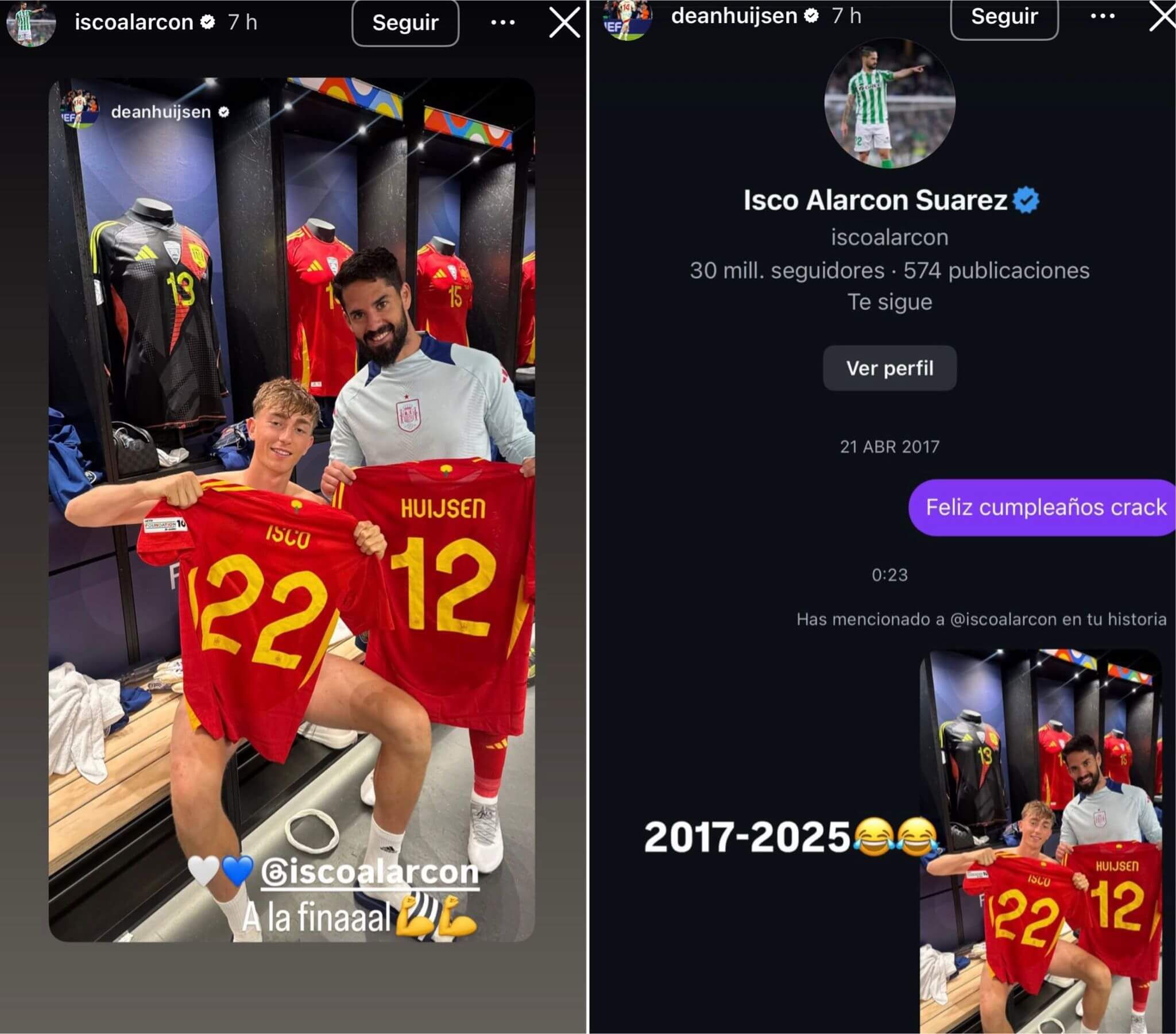 Capturas de pantalla del perfil oficial en Instagram de Dean Huijsen.