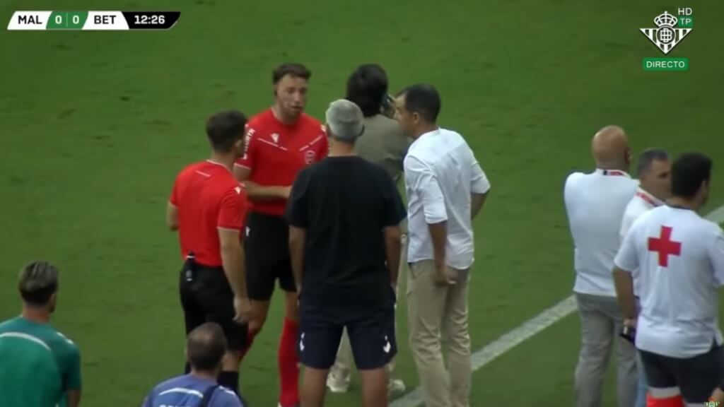  El árbitro intenta tranquilizar a los banquillos de Betis y Málaga.