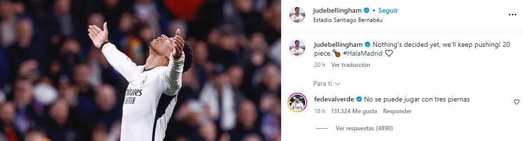  El comentario de Fede Valverde a Bellingham en instagram. (Fuente: @judebellingham)