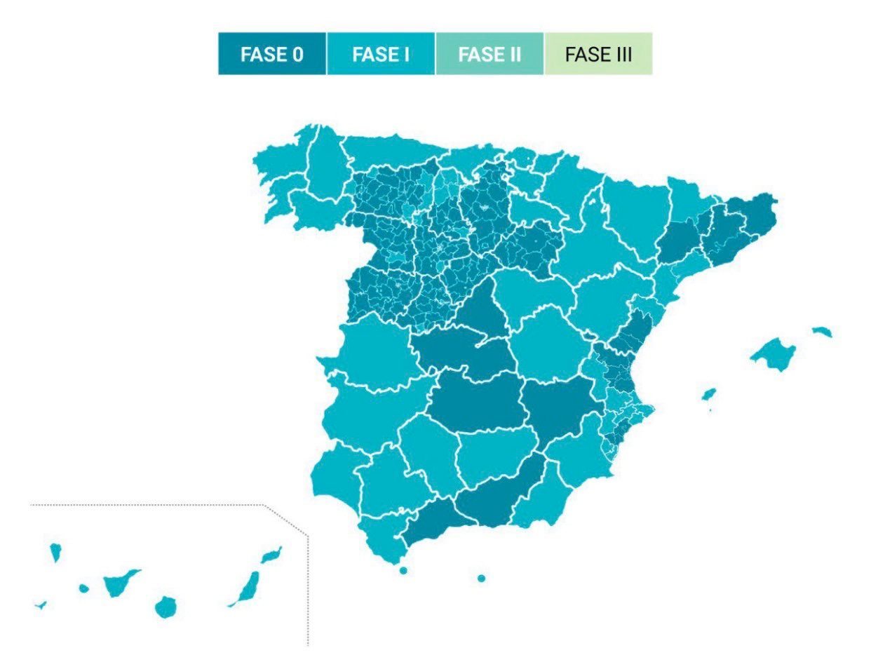 Mapa ofrecido por el Gobierno de aquellas zonas que acceden a la fase 1.