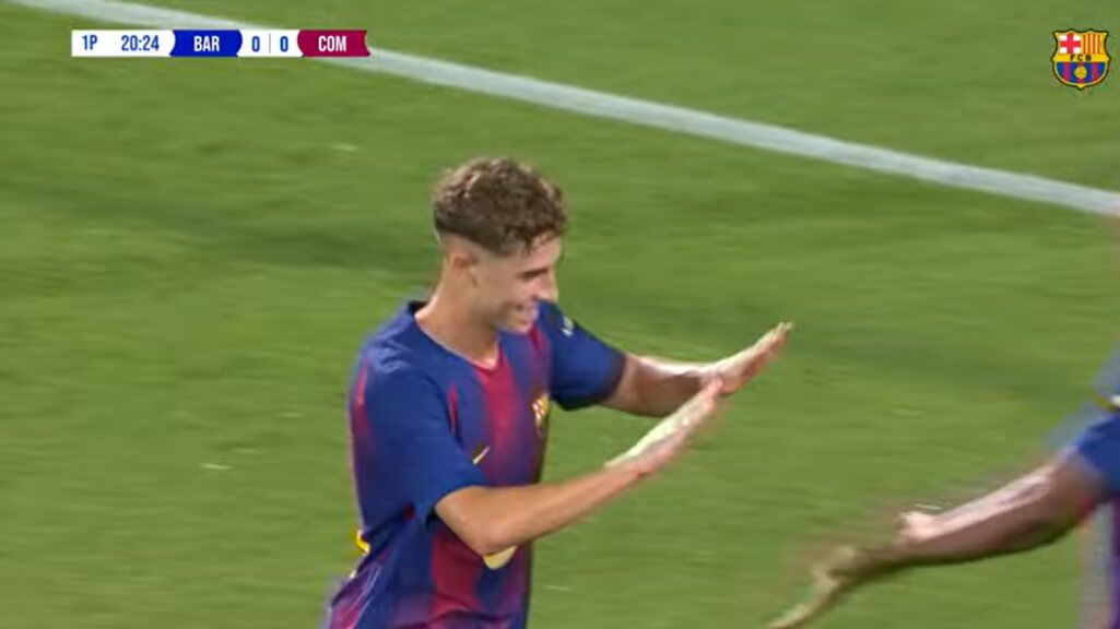 Fermín López anota el primer gol del Barcelona-Como 1907 (foto: FCB Youtube).