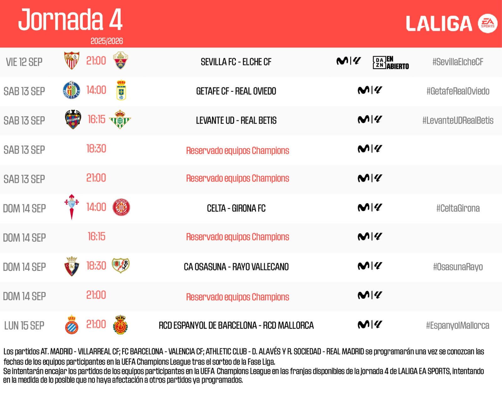  Los horarios de la jornada 4 de LALIGA EA Sports.
