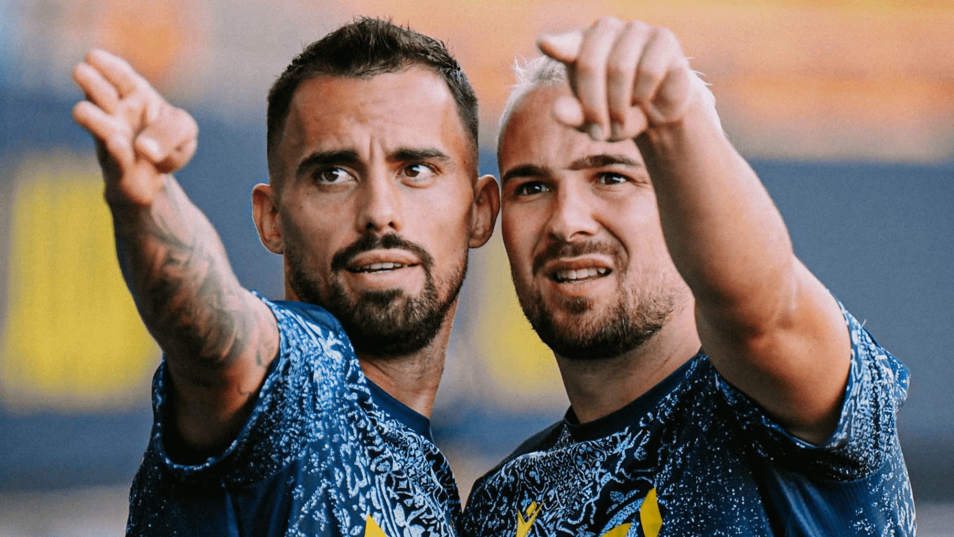 Suso y Ontiveros, en un calentamiento del Cádiz.