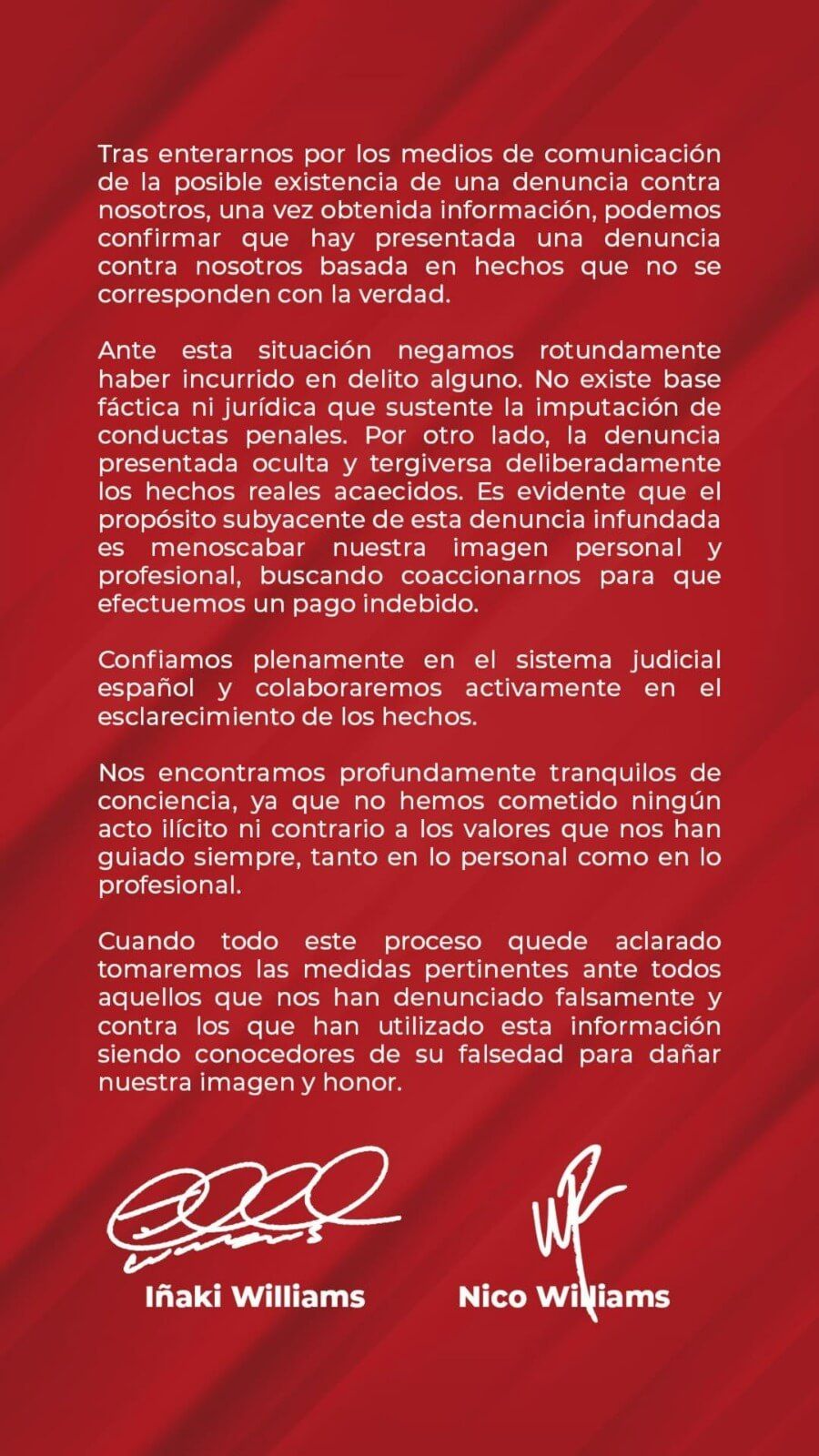  Comunicado de los hermanos Williams.