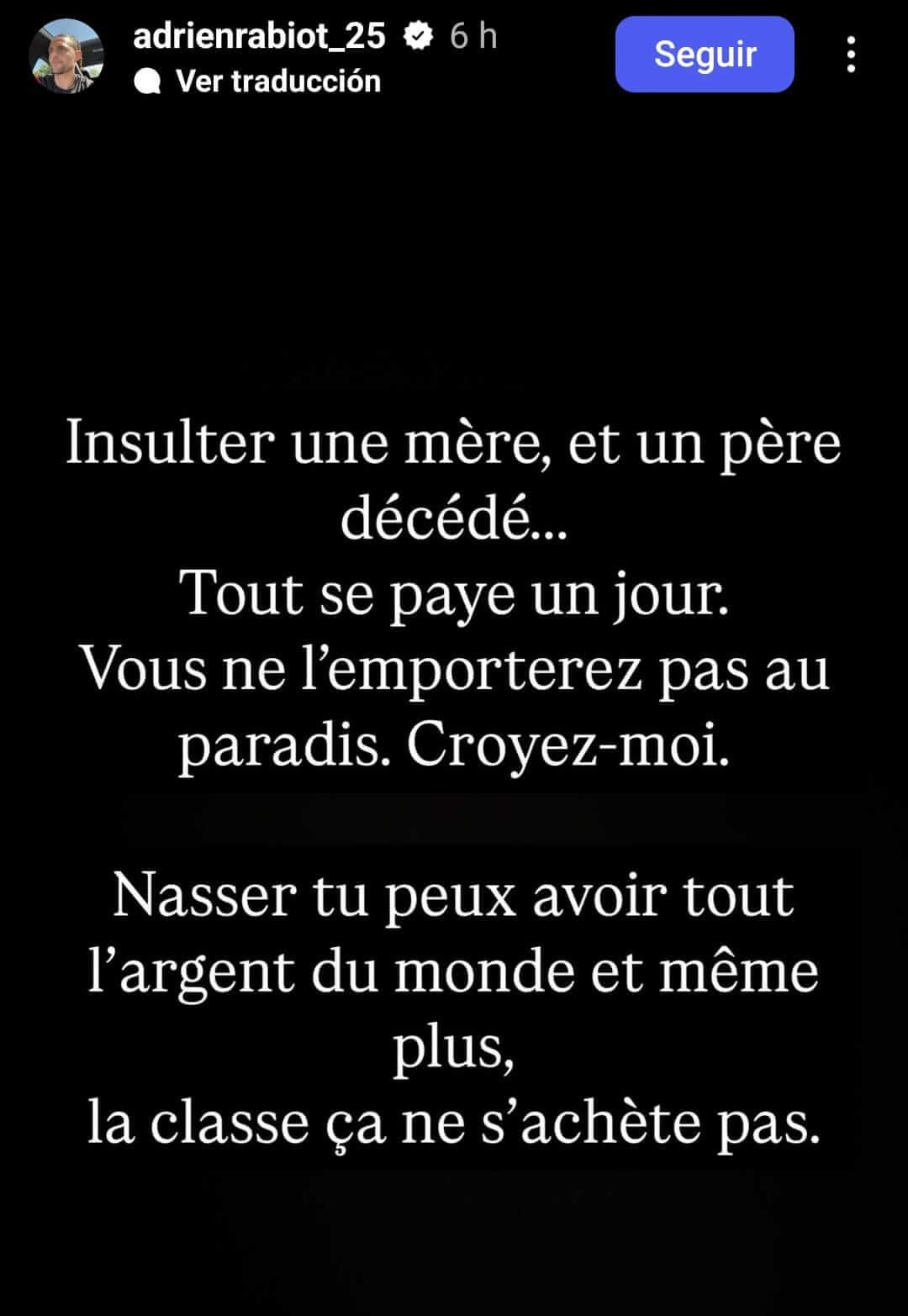 El mensaje de Adrien Rabiot en su cuenta de Instagram.