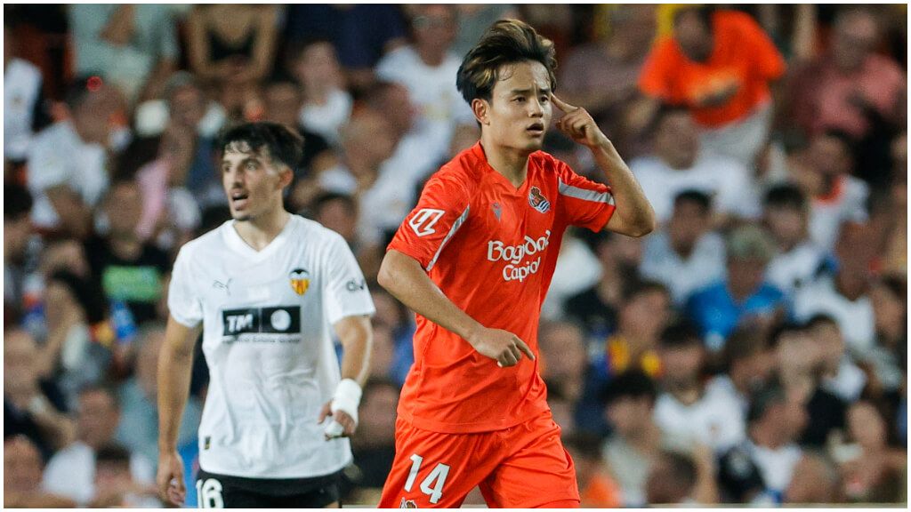 Take Kubo celebra su gol frente al Valencia. (EFE)