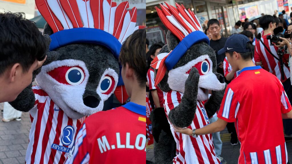  La emoción con la llegada de la mascota del Atlético de Madrid.