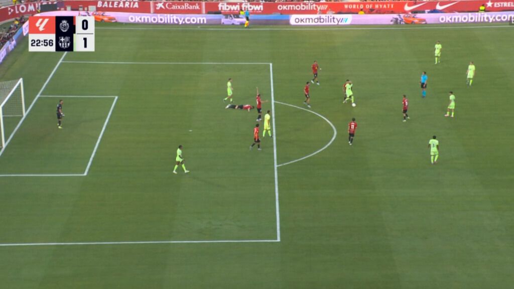  La jugada en la que Raíllo cae desvanecido dentro del área en el Mallorca-Barça (Movistar+)