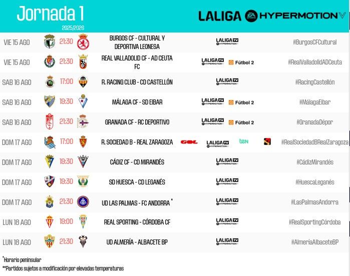 Horarios de la jornada 1 en LALIGA HYPERMOTION.