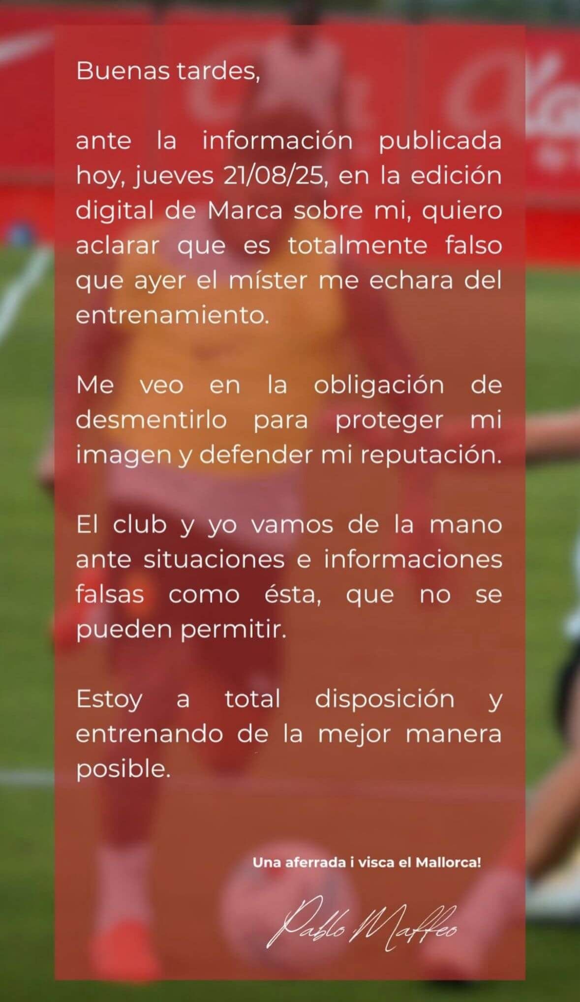 El mensaje de Pablo Maffeo en redes sociales.