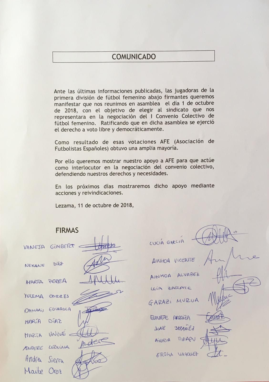  Comunicado de las jugadoras del Athletic Femenino en apoyo a la AFE.