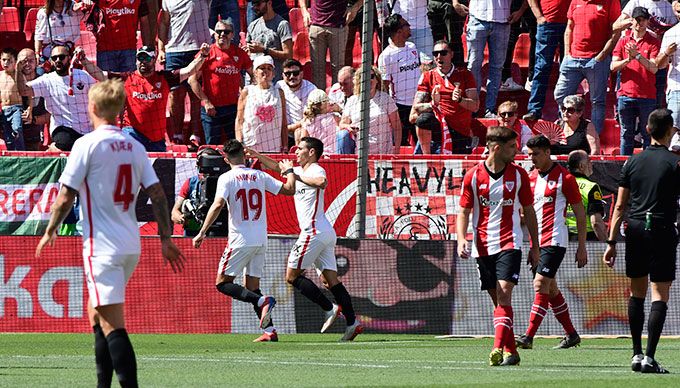  Ben Yedder celebra el gol que le hizo al Athletic Club en la última jornada.