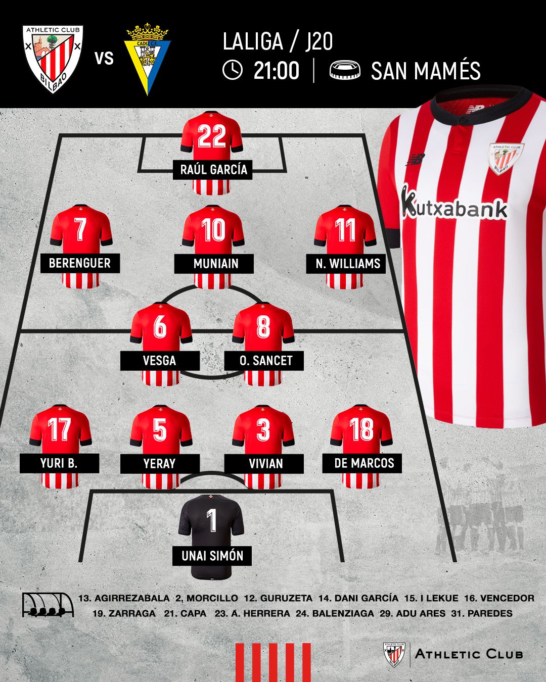  Este es el once que sacaba Ernesto Valverde ante el Cádiz en San Mamés.