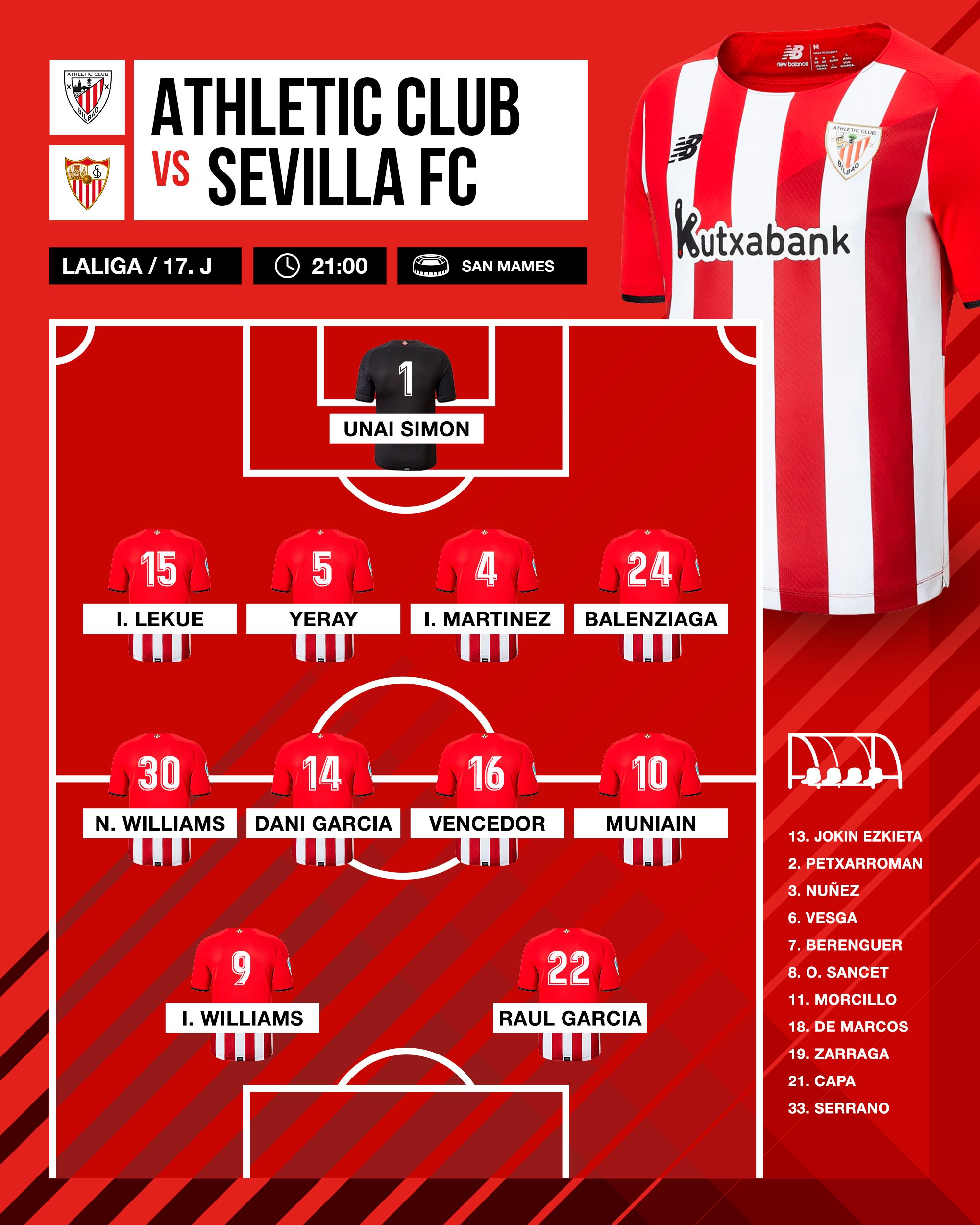  Este es el once que sacaba Marcelino en San Mamés ante el Sevilla.