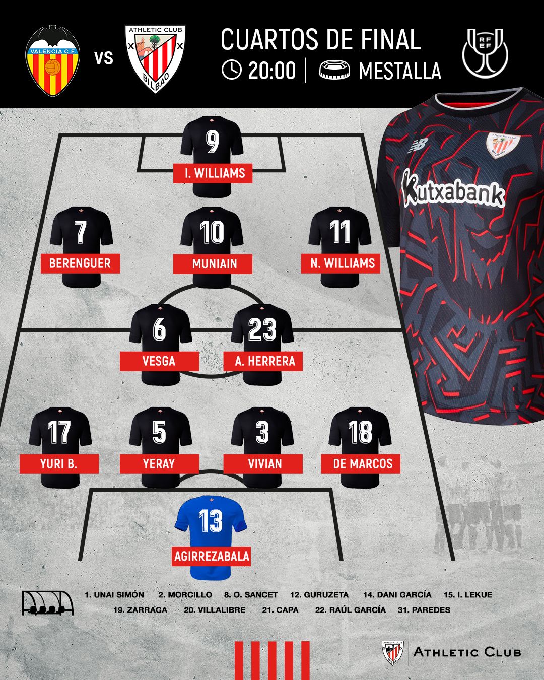  El once que sacaba Valverde en Mestalla, en Copa, ante el Valencia CF.