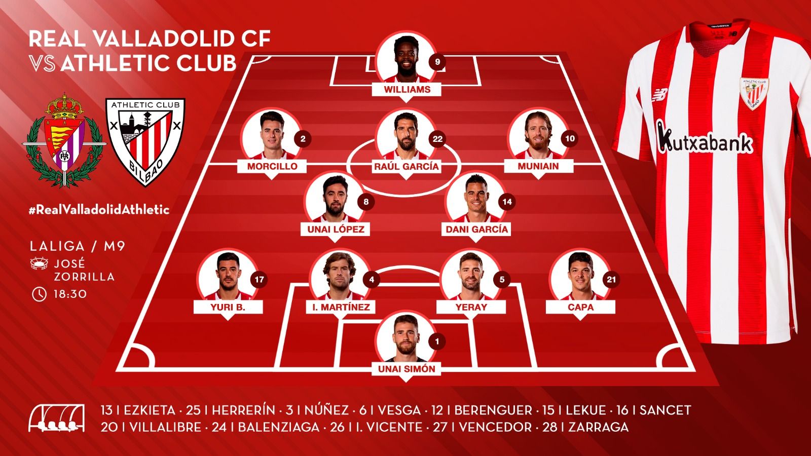 El once de este domingo de Gaizka Garitano en Zorrilla ante el Real Valladolid.