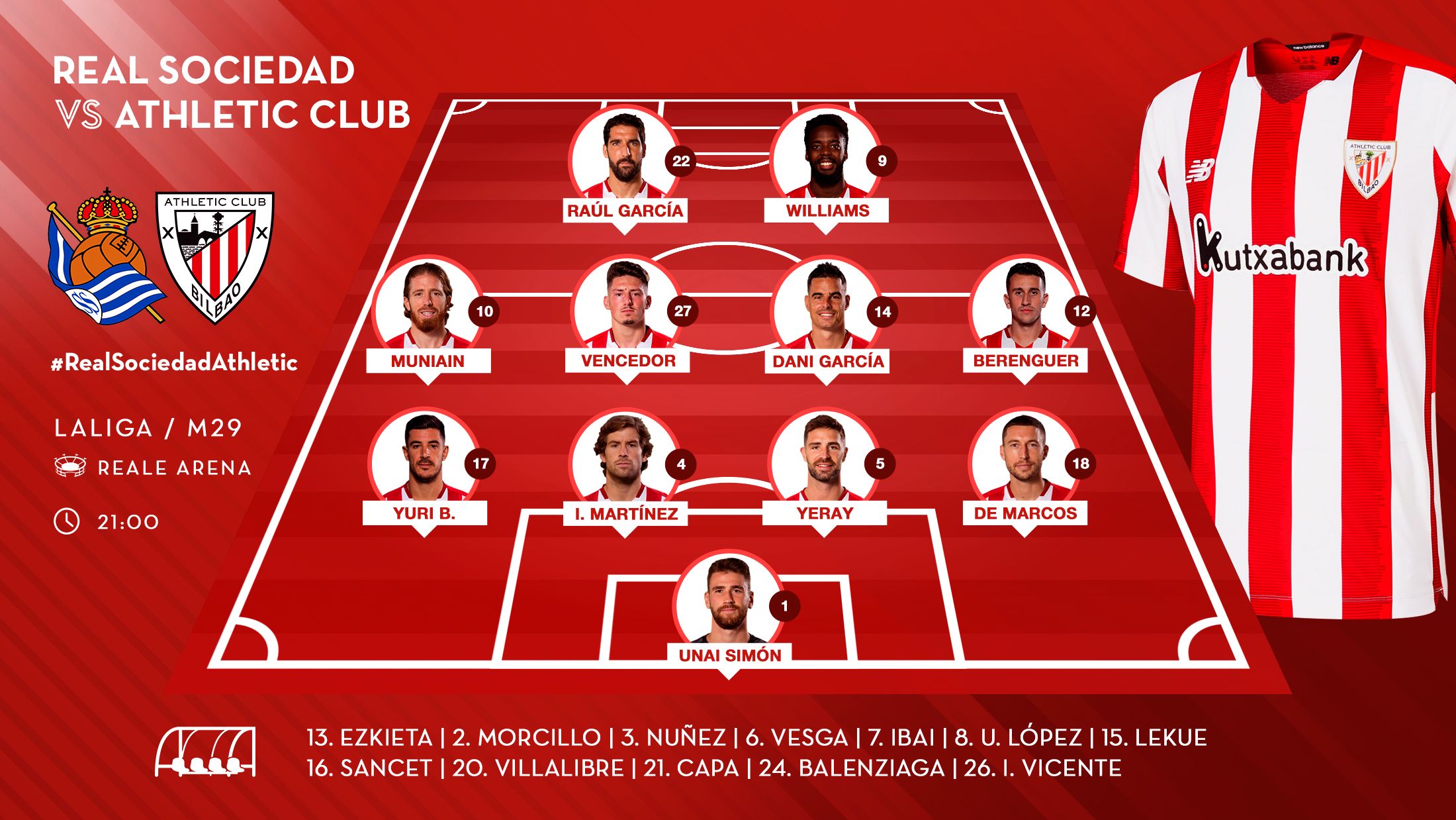 Este es el once que sacaba Marcelino en el derbi ante la Real Sociedad.
